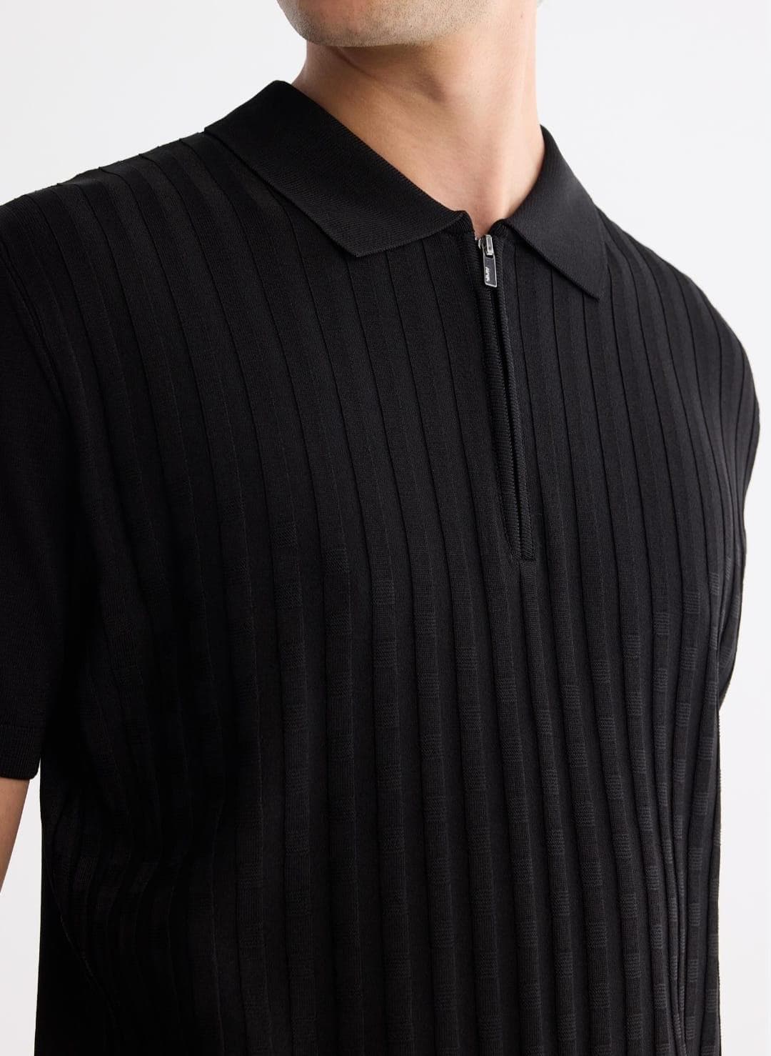 Black ribbed zip knit polo