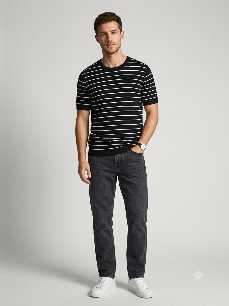 Black striped short-sleeved knit