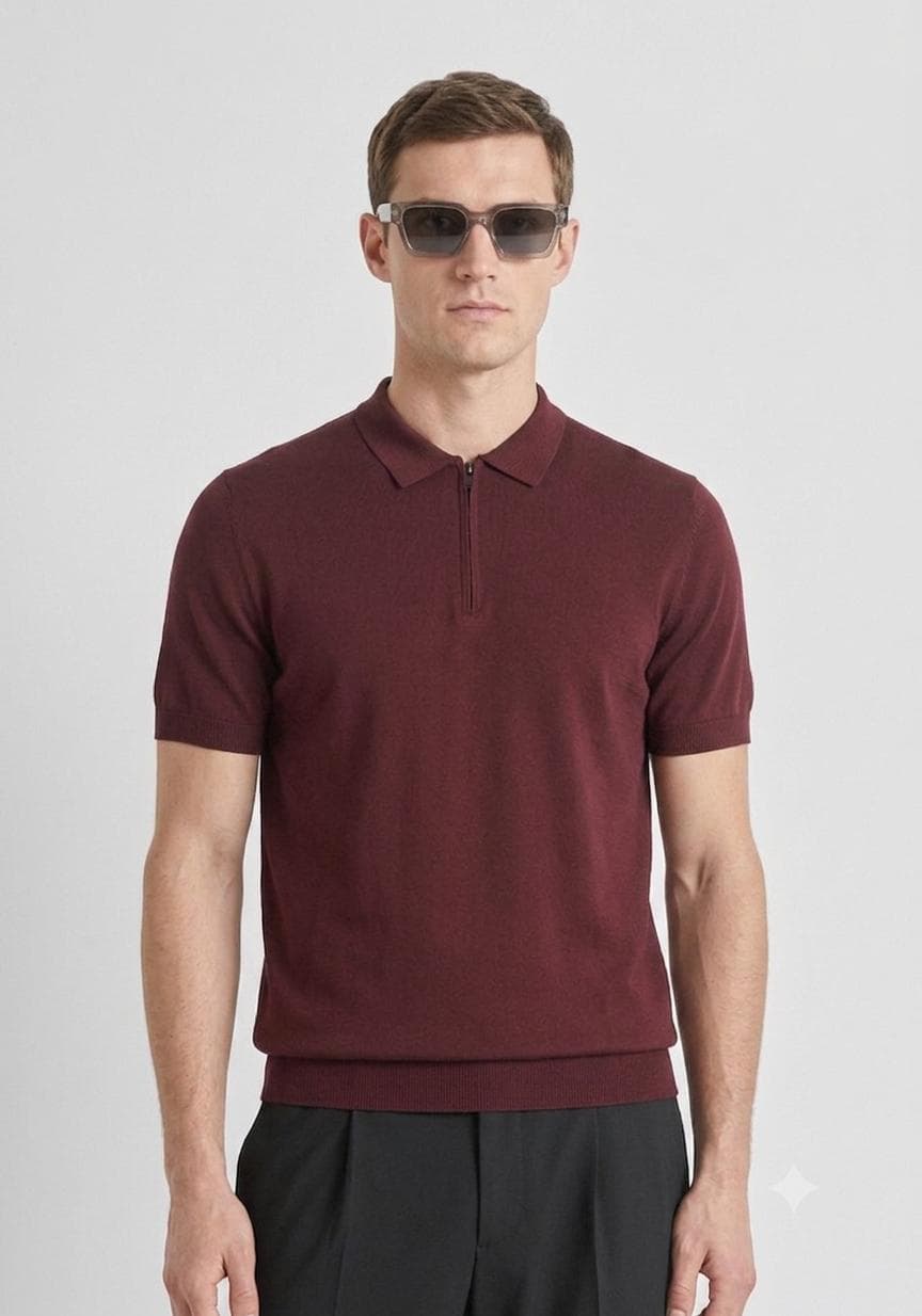 Burgundy zip knit polo