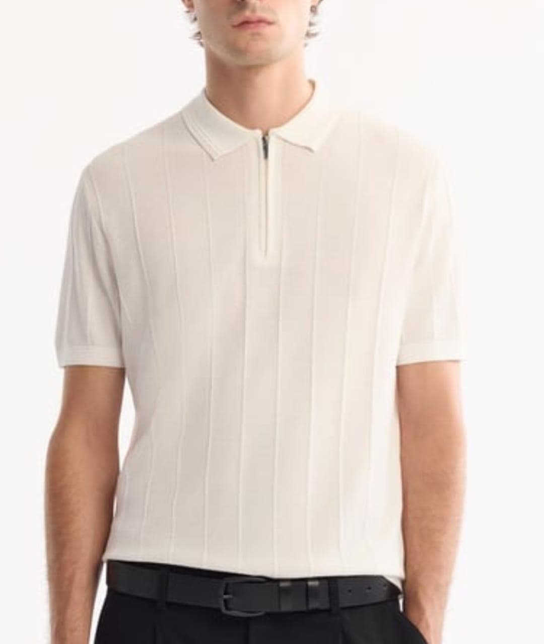 Ecru ribbed zip knit polo